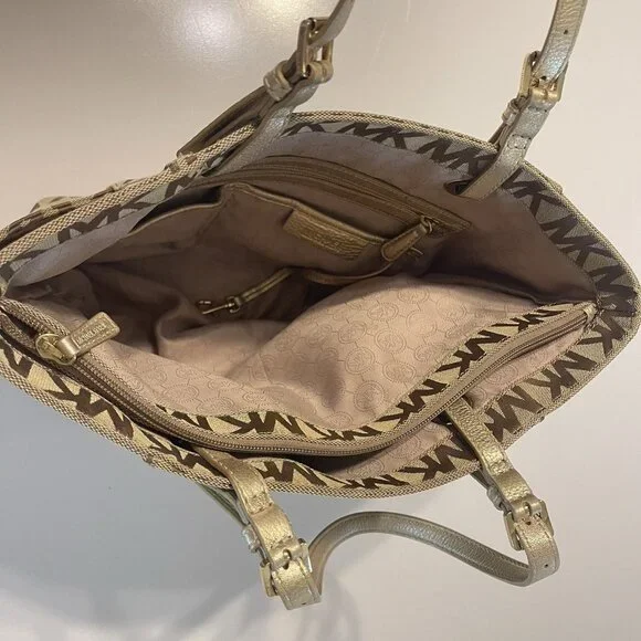 Michael Kors Jet Set Signature Logo Tote Handbag Large Brown Side Pockets - Picture 15 of 16